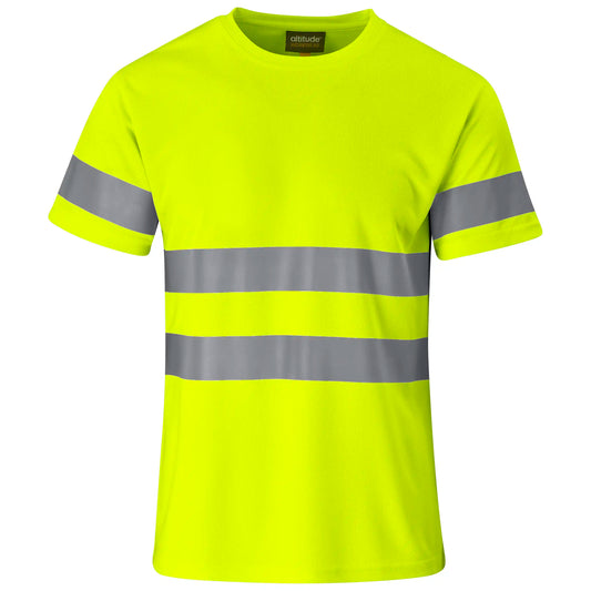 00% polyester birdseye  short sleeve • self-fabric crew neck • silver 50mm reflective heat-pressed tape detail  day/night visibility